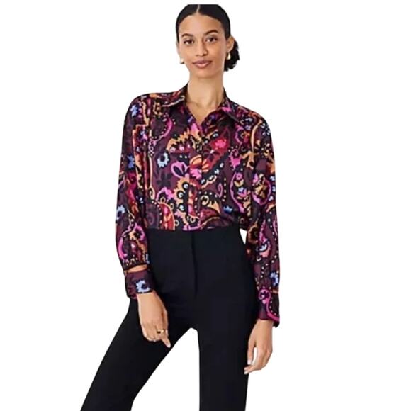 Ann Taylor Plum Rose/Burgundy Classic Paisley Button Down Blouse - SIZE SP - Picture 4 of 9